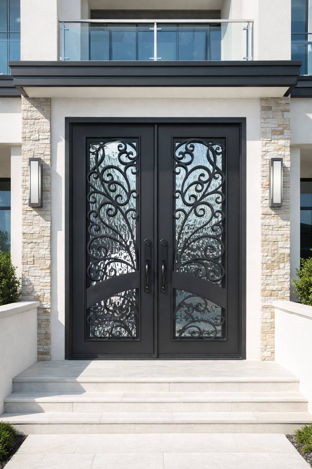 PS7395 — Modern Grid Iron Entry Door with Narrow Sidelights